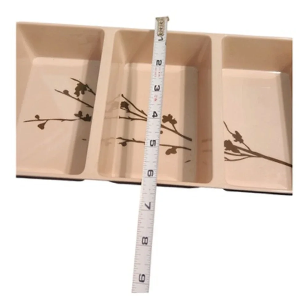 Melamine 3 Section Divided Serving Tray Cream Brown Botanical Branch‎ 12x6x2